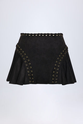 Lace-Up Mid-Rise Mini Skirt in Black