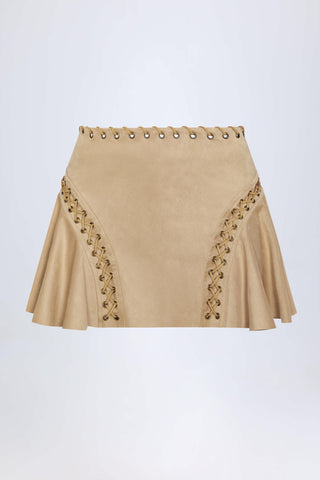 Lace-Up Mid-Rise Mini Skirt in Tan