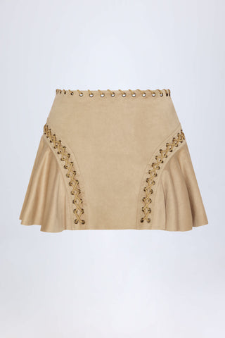 Lace-Up Mid-Rise Mini Skirt in Tan