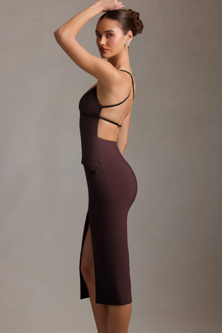 Plunge-Neck Backless Midaxi Dress in Chocolate Brown
