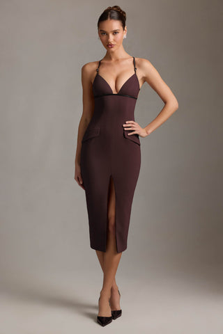 Plunge-Neck Backless Midaxi Dress in Chocolate Brown