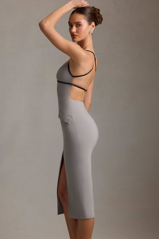 Plunge-Neck Backless Midaxi Dress in Grey