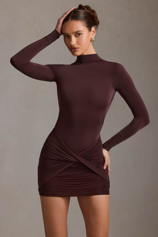 Ruched Backless Turtleneck Mini Dress in Chocolate Brown