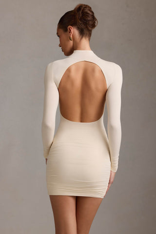 Ruched Backless Turtleneck Mini Dress in Ivory