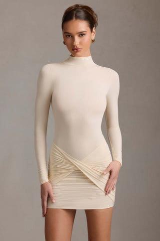 Ruched Backless Turtleneck Mini Dress in Ivory