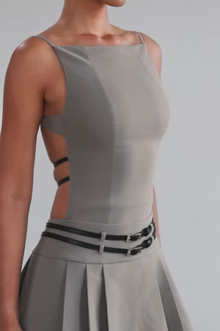 Belted Backless Pleated Mini Dress in Grey