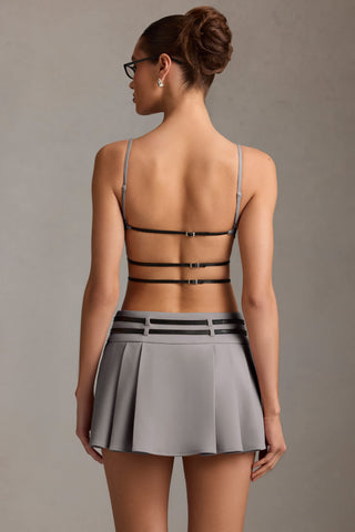 Belted Backless Pleated Mini Dress in Grey