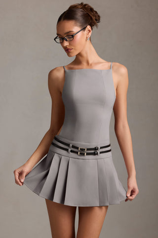Belted Backless Pleated Mini Dress in Grey