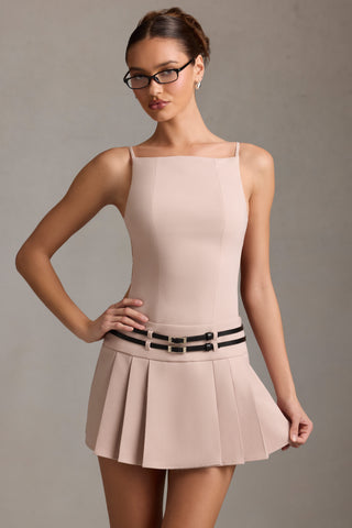 Belted Backless Pleated Mini Dress in Mushroom