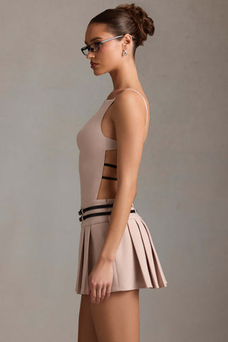 Belted Backless Pleated Mini Dress in Mushroom