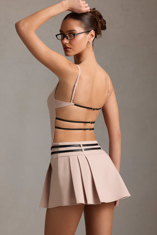 Belted Backless Pleated Mini Dress in Mushroom