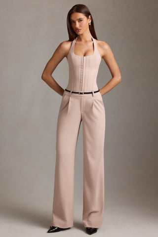 Corset-Detail Halterneck Jumpsuit in Mushroom