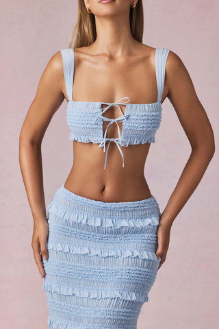 Ruffle Tie-Front Crop Top in Powder Blue