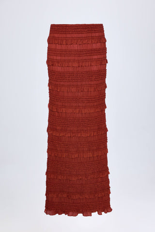 Ruffled Mid-Rise Maxi Skirt in Burnt Red