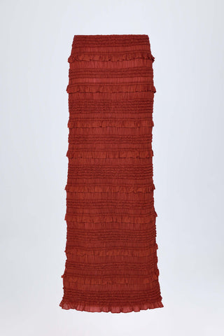 Ruffled Mid-Rise Maxi Skirt in Burnt Red