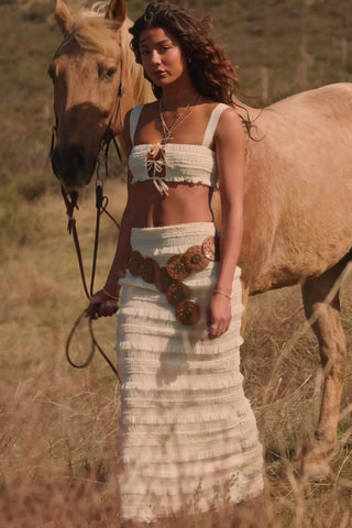 Ruffled Mid-Rise Maxi Skirt in Ivory