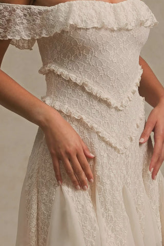 Off-Shoulder Lace A-Line Mini Dress in Ivory