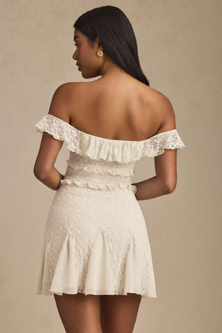 Off-Shoulder Lace A-Line Mini Dress in Ivory