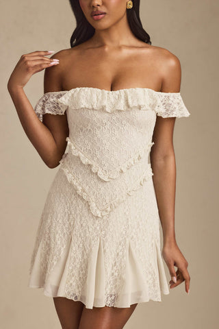 Off-Shoulder Lace A-Line Mini Dress in Ivory