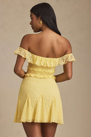 Off-Shoulder Lace A-Line Mini Dress in Pastel Yellow