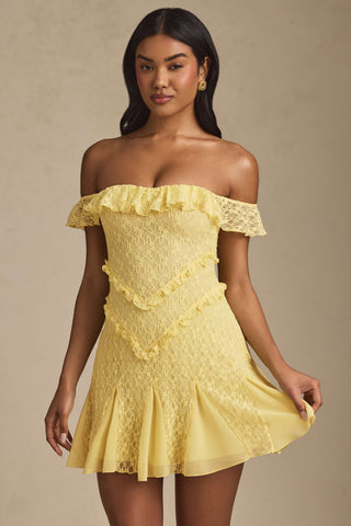 Off-Shoulder Lace A-Line Mini Dress in Pastel Yellow