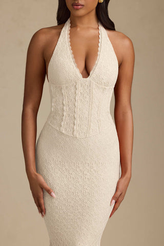 Halterneck Corset Lace Midaxi Dress in Ivory