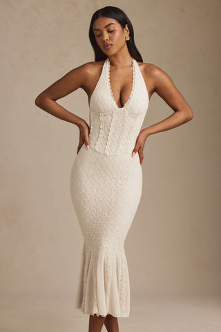Halterneck Corset Lace Midaxi Dress in Ivory