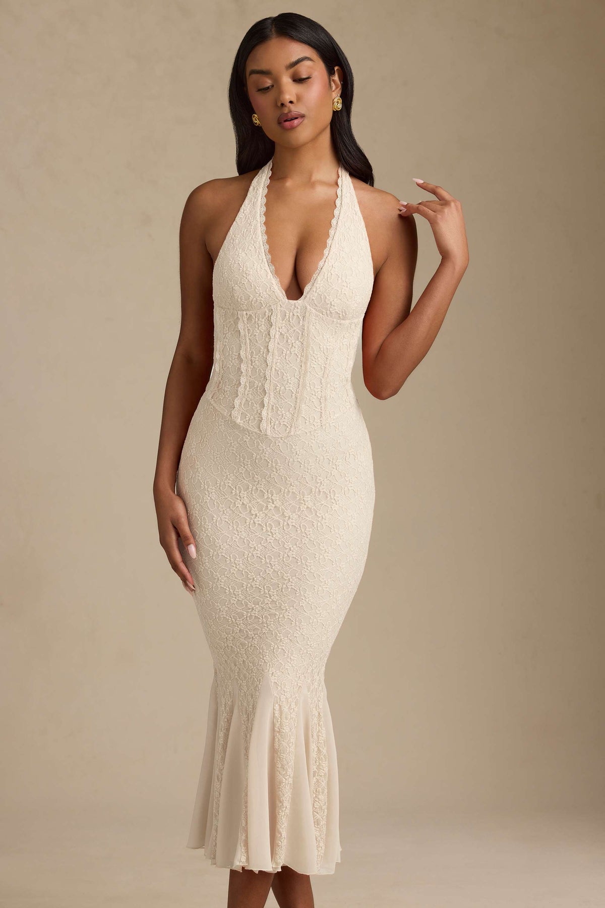Halterneck Corset Lace Midaxi Dress in Ivory