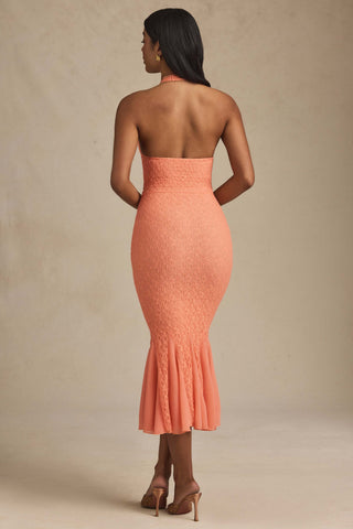 Halterneck Corset Lace Midaxi Dress in Peach