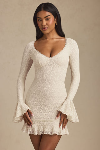 Long-Sleeve Ruffled Lace Mini Dress in Ivory