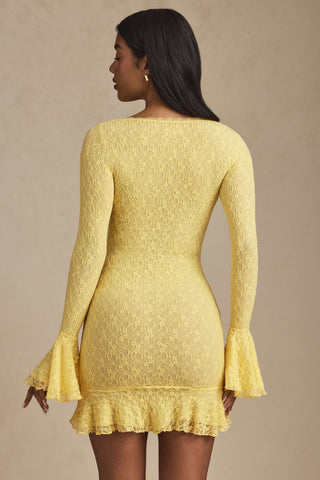 Long-Sleeve Ruffled Lace Mini Dress in Pastel Yellow