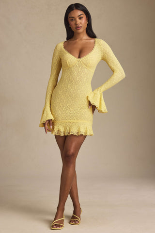 Long-Sleeve Ruffled Lace Mini Dress in Pastel Yellow