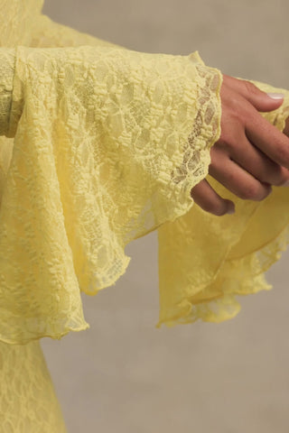 Long-Sleeve Ruffled Lace Mini Dress in Pastel Yellow
