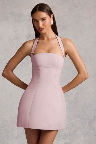 Pinstripe Halterneck Structured A-Line Mini Dress in Mauve