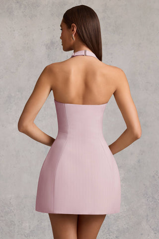 Pinstripe Halterneck Structured A-Line Mini Dress in Mauve