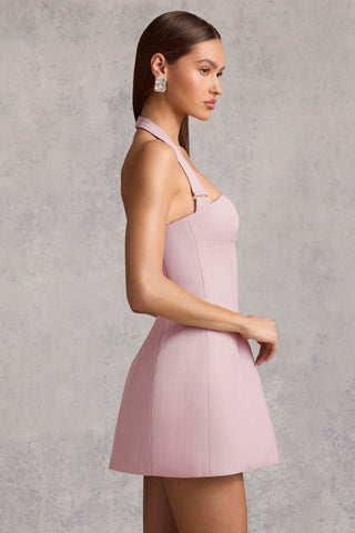 Pinstripe Halterneck Structured A-Line Mini Dress in Mauve