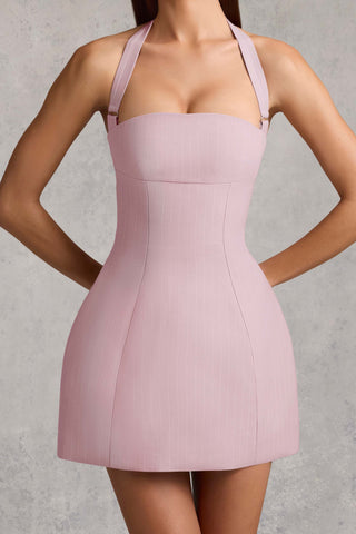 Pinstripe Halterneck Structured A-Line Mini Dress in Mauve