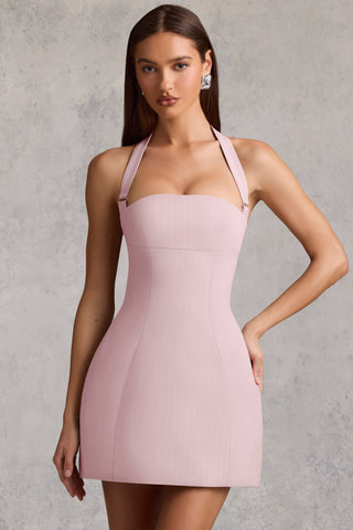 Pinstripe Halterneck Structured A-Line Mini Dress in Mauve