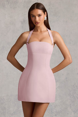 Pinstripe Halterneck Structured A-Line Mini Dress in Mauve
