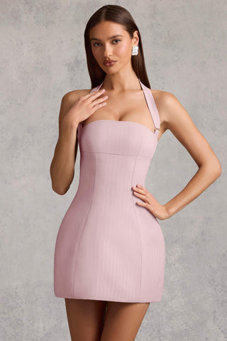 Pinstripe Halterneck Structured A-Line Mini Dress in Mauve