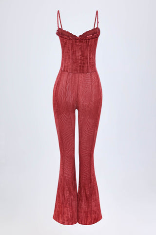 Lace-Up Ruffled Flared Jumpsuit in Red Print