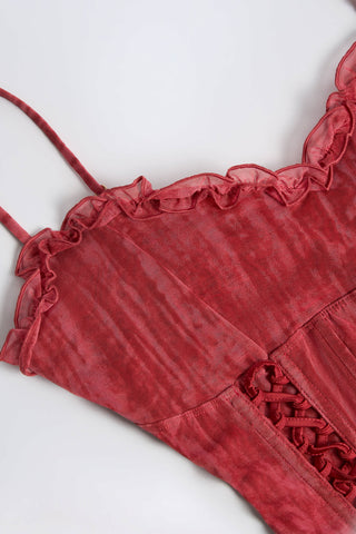 Lace-Up Ruffled Flared Jumpsuit in Red Print