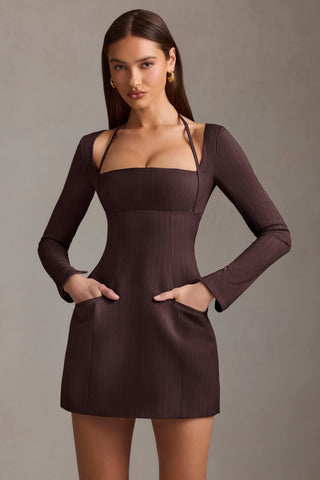 Pinstripe Structured A-Line Mini Dress in Chocolate Brown