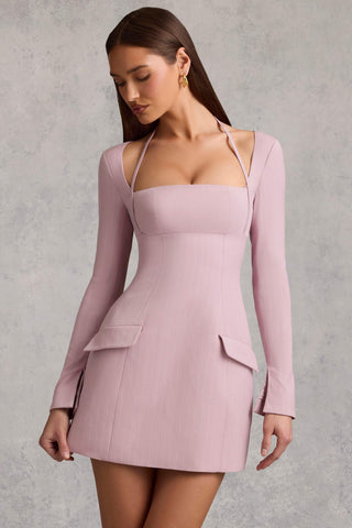 Pinstripe Structured A-Line Mini Dress in Mauve