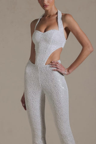 Embellished Cut-Out Jumpsuit in White