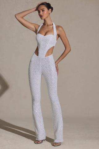 Embellished Cut-Out Jumpsuit in White
