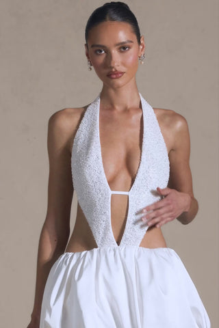 Embellished Cut-Out Bubble Hem Mini Dress in White