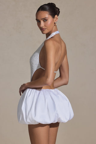 Embellished Cut-Out Bubble Hem Mini Dress in White