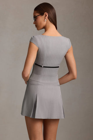 Pinstripe Pleated Waistcoat Mini Dress in Grey