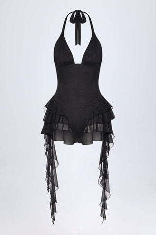 Ruffled Halterneck Bodysuit in Black